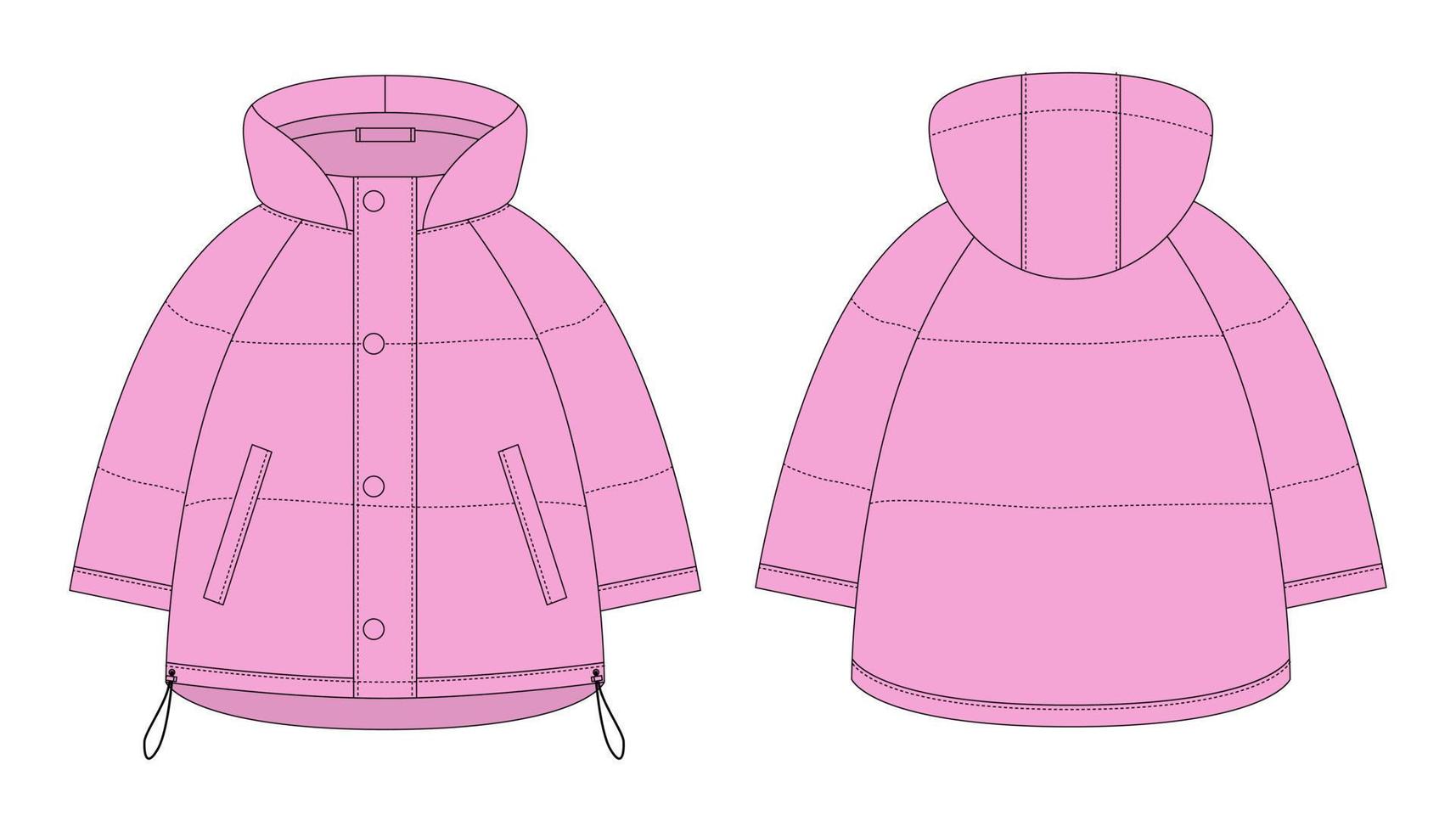 Dibujo técnico del abrigo de plumón de invierno con plumífero raglán de gran tamaño. color rosa. plantilla de diseño de chaqueta de acolchado de mujer. vector