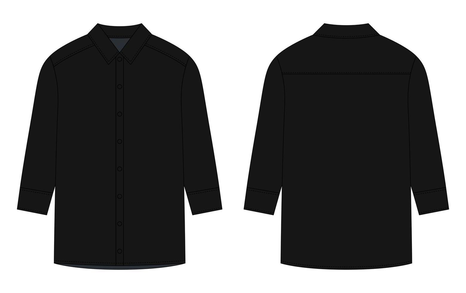 Oversized shirt with long sleeves and buttons technical sketch. Black color. vector