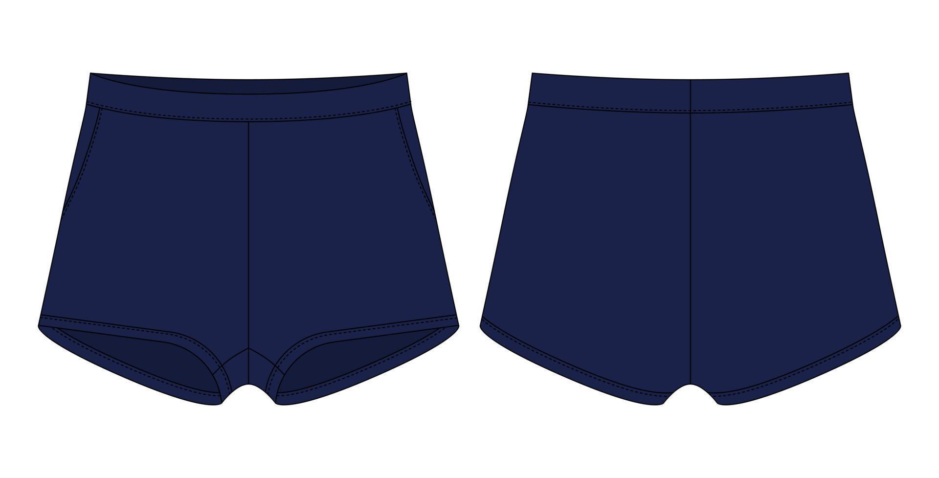 Blank shorts pants technical sketch design template. Dark blue color. vector