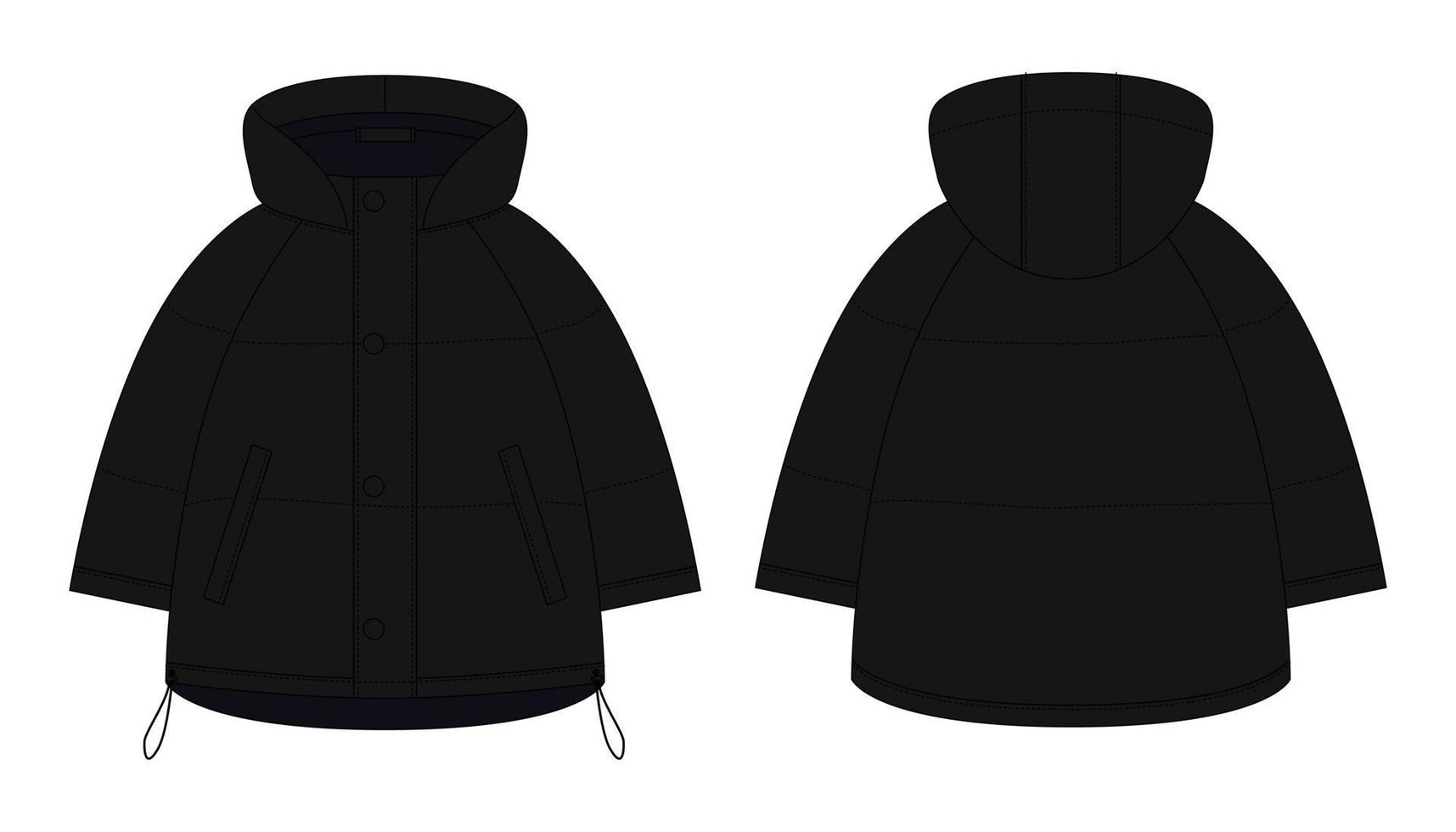 Ooversized raglan puffer winter down coat technical sketch. Black color. vector