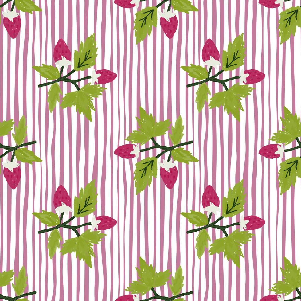 Freehand wild strawberry branch seamless pattern. Hand drawn wild berries floral wallpaper. Strawberry plant endless backdrop. vector