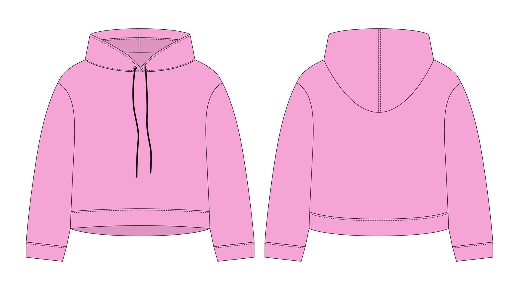 Women crop hoodie technical sketch. Pink color. CAD mockup template hoody. vector
