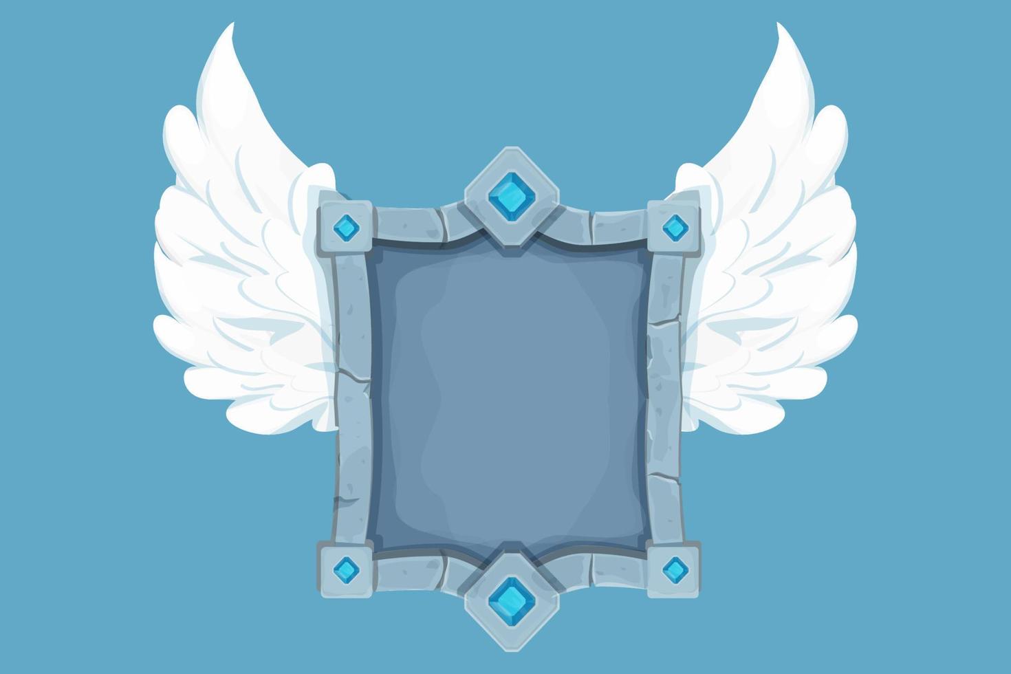 Stone shield, frame with gemstones and wings game reward board in cartoon style isolated on background. Magic royal asset, template. Vector illustration