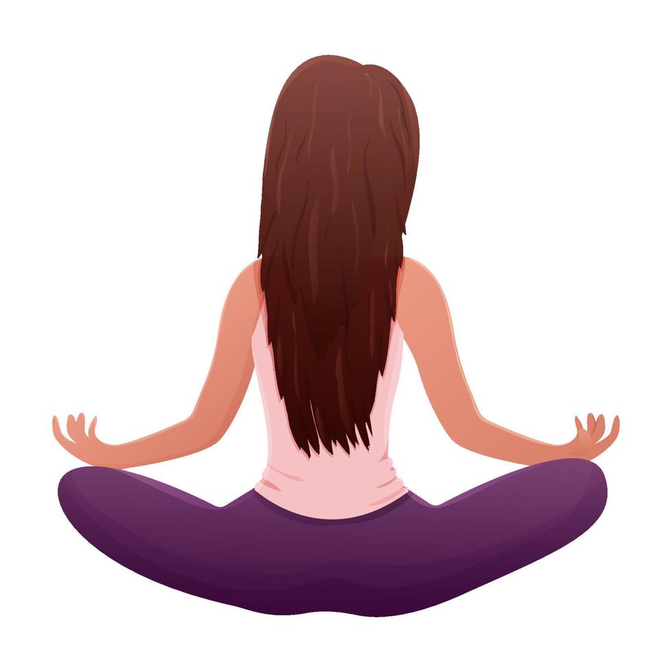 Meditation female character sitting in lotus pose, back view in cartoon style isolated on white background. Vector illustration