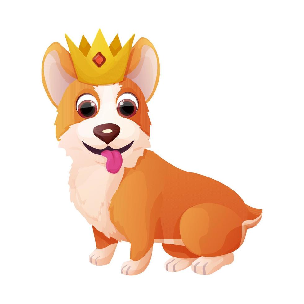 Cute royal corgi dog with crown sitting, adorable pet in cartoon style isolated on white background. Comic emotional character, funny pose. Vector illustration