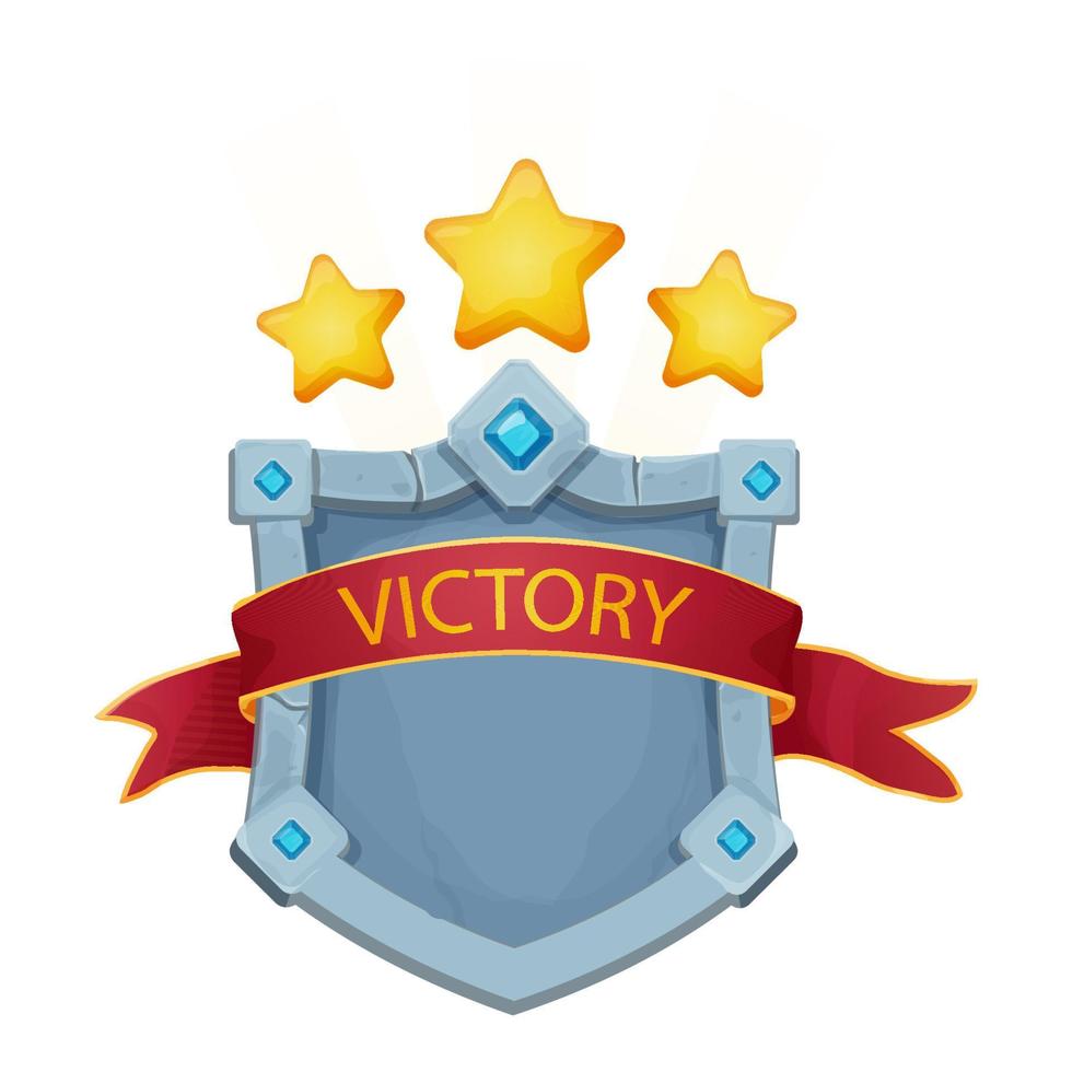 Stone shield, frame with gemstones, award ribbon, golden stars game victory board in cartoon style isolated on background. Magic royal asset, template. Vector illustration