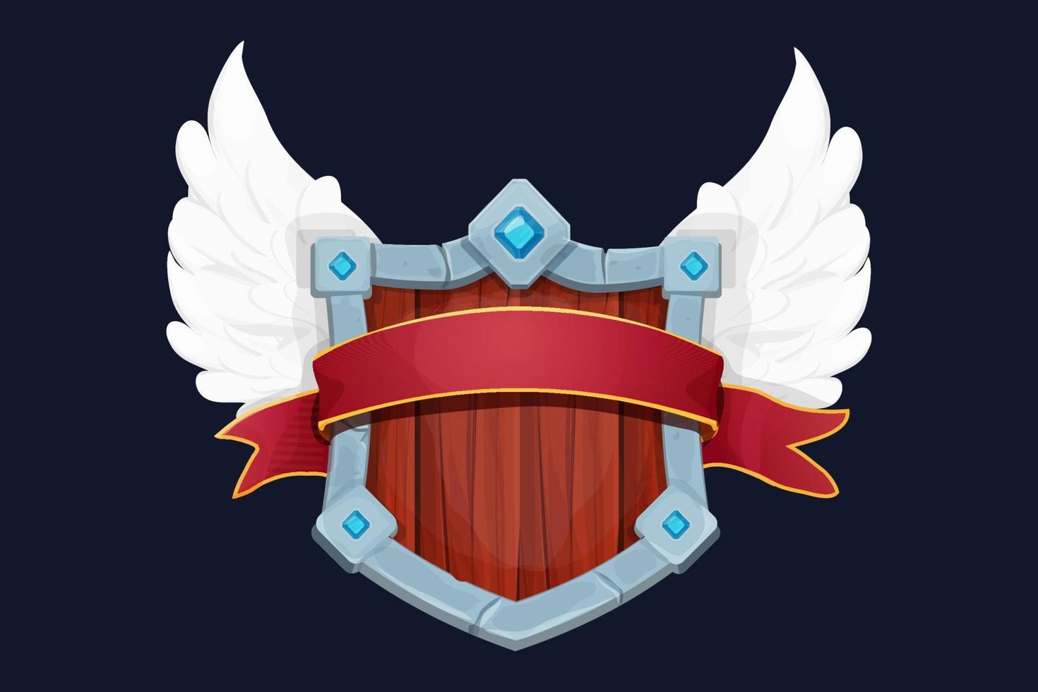 Stone and wooden victory shield with wings, medieval with gemstones and award ribbon in cartoon style isolated on white background. Game weapon, frame, menu element. . Vector illustration