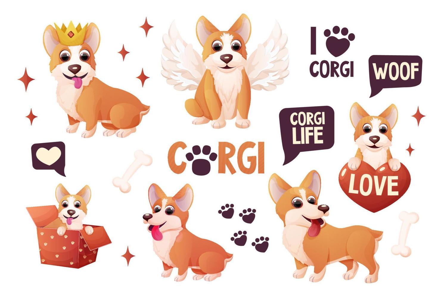 Set corgi dog stickers with crown, wings, sitting, adorable pet, activities in cartoon style isolated on white background. Comic emotional character, funny pose. Vector illustration