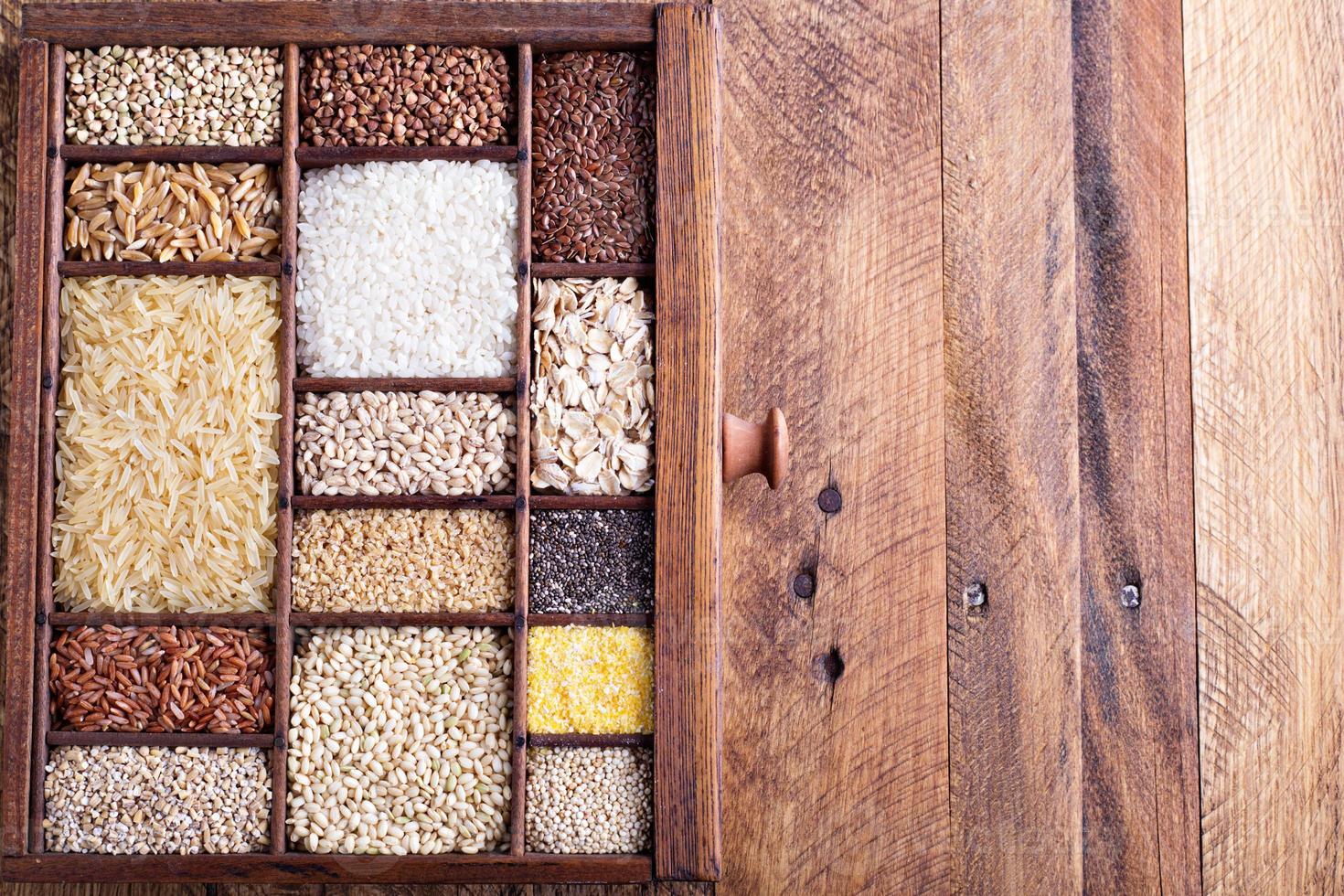 Variety of healthy grains and seeds photo