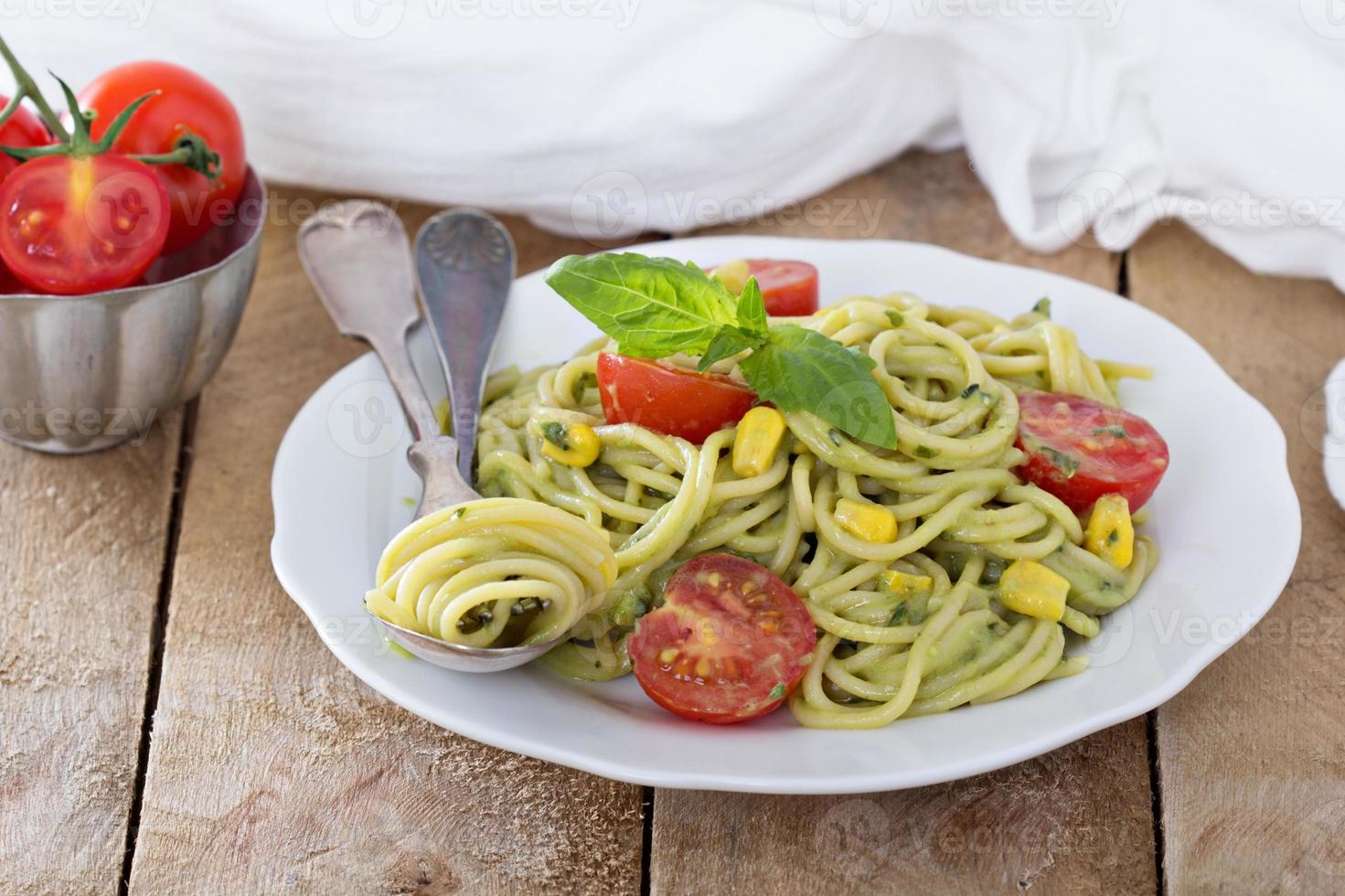 Vegan pasta with avocado sauce photo