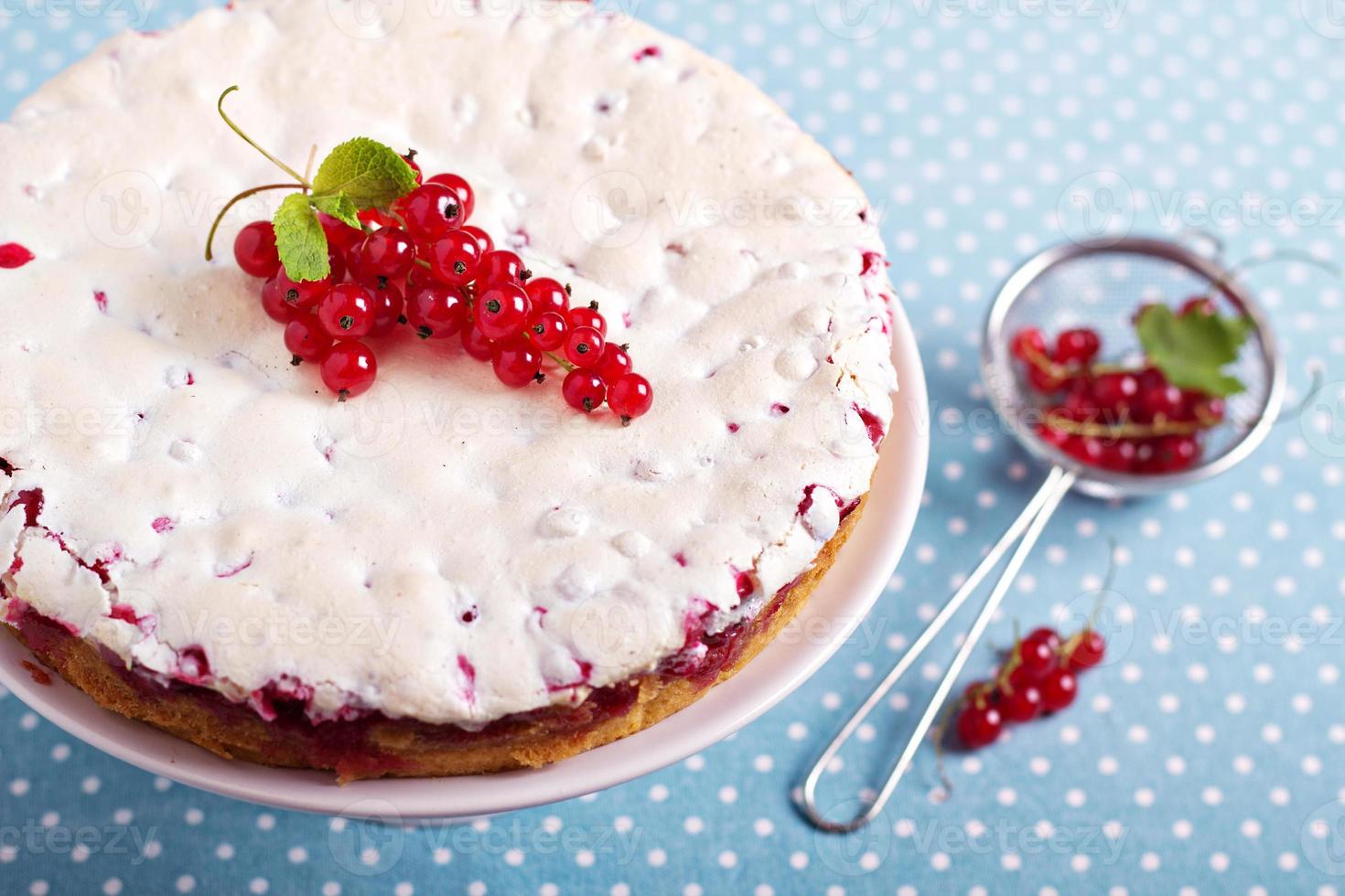 Meringue red currant cake on blue table photo