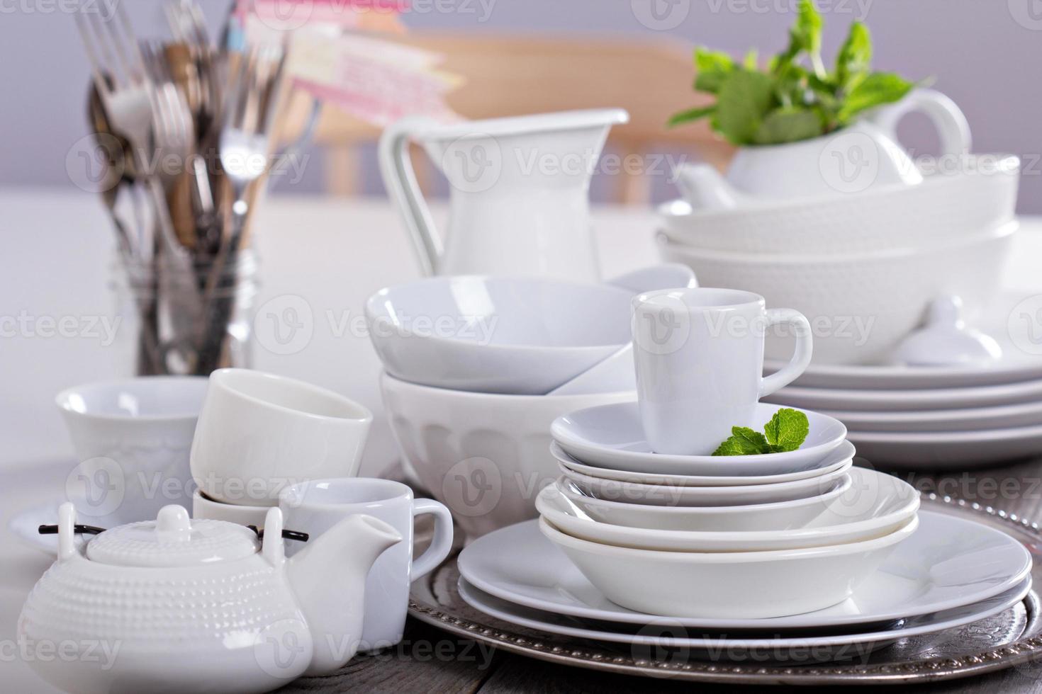 Variety of white dinnerware photo