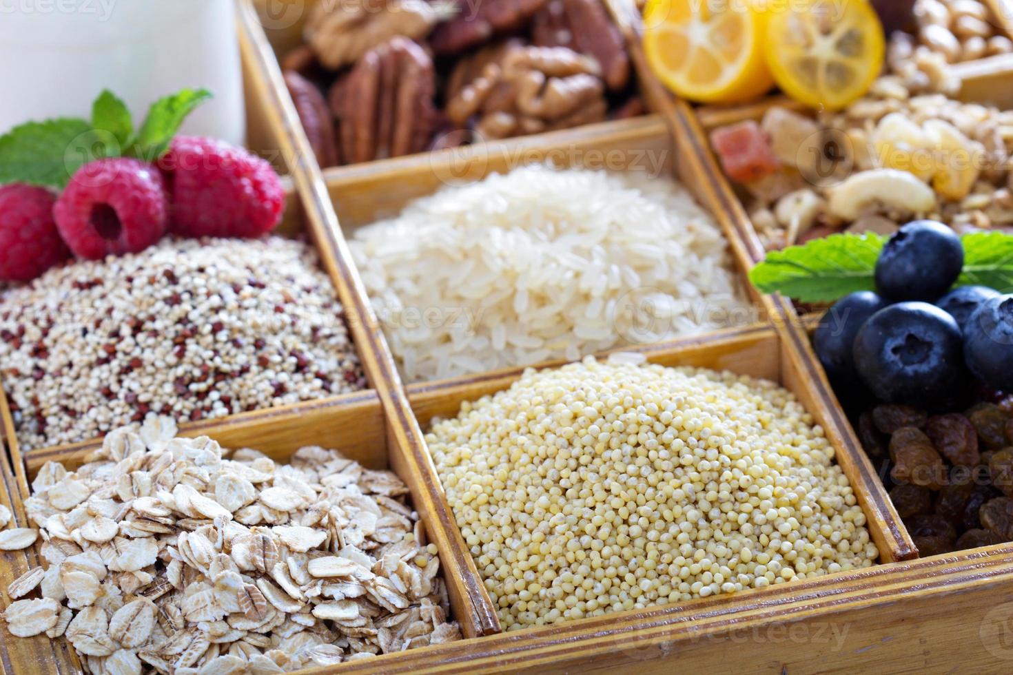 Breakfast items in wooden box photo