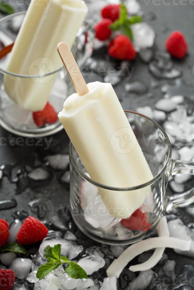 Coconut popsicles with raspberries on black background photo