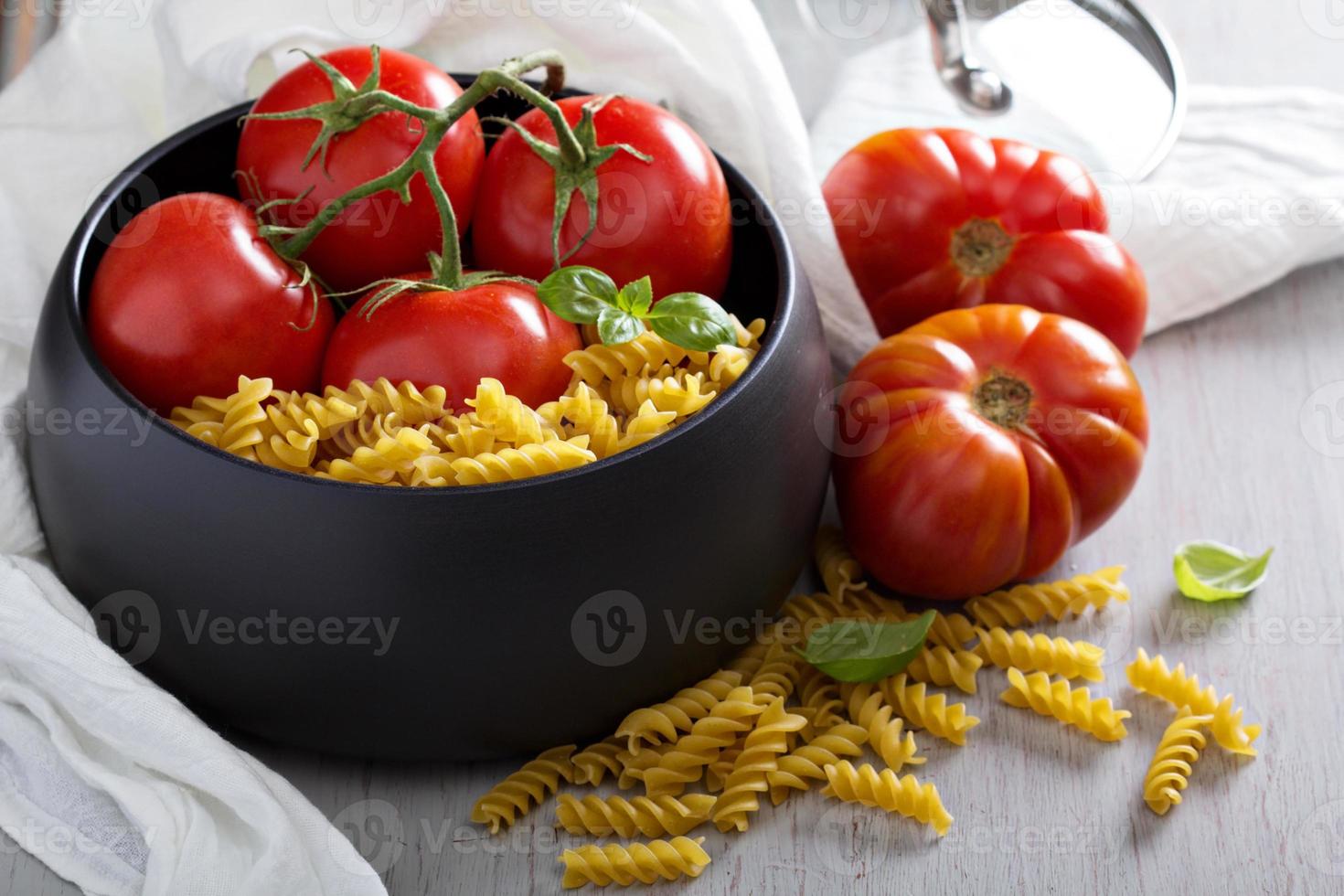 Ingredients for tomato soup with pasta photo