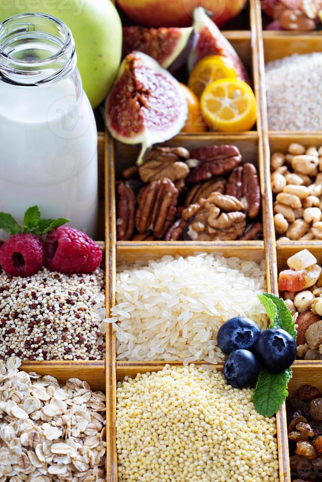 Breakfast items in wooden box photo