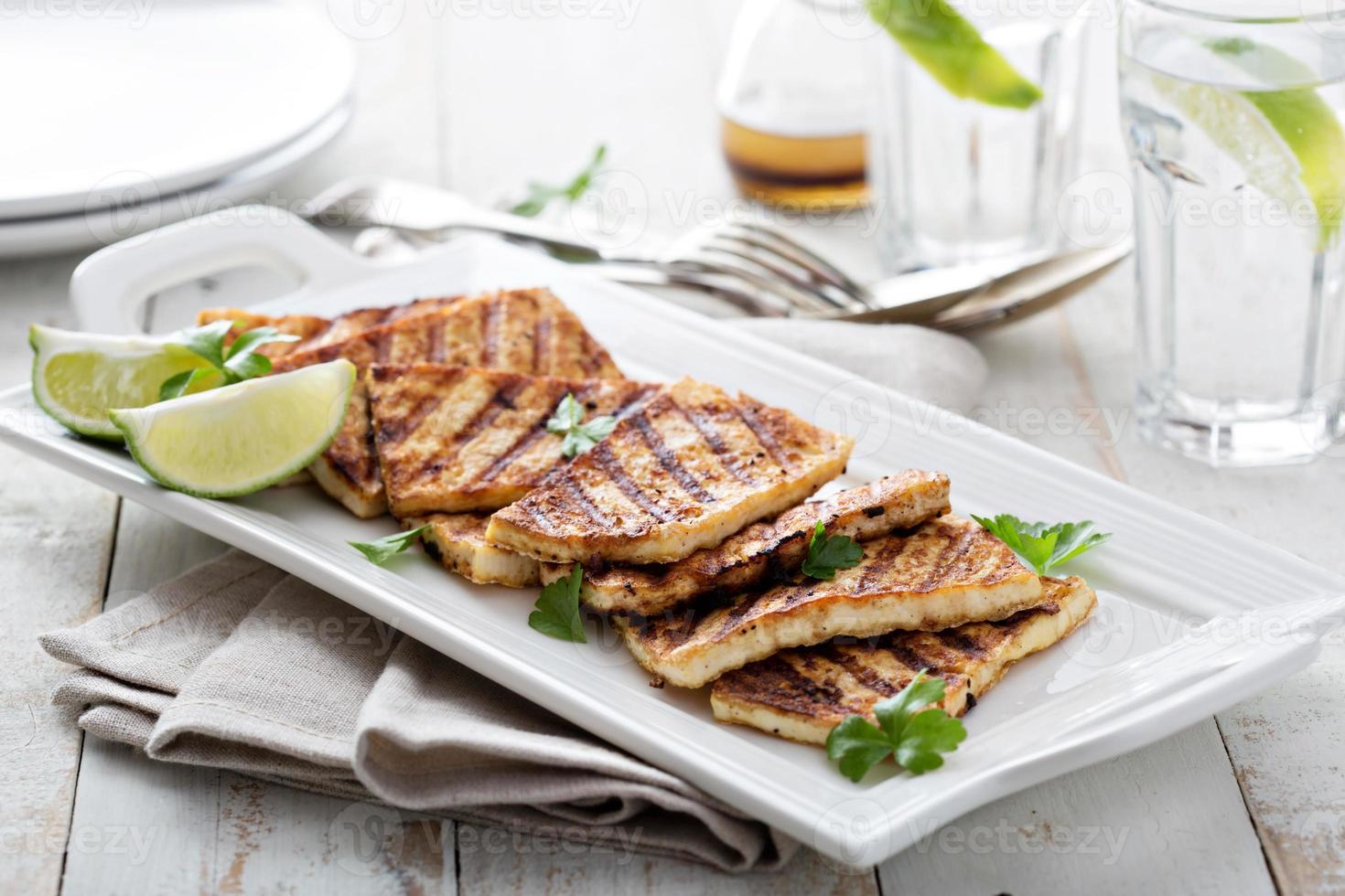 Grilled fried tofu on a plate photo