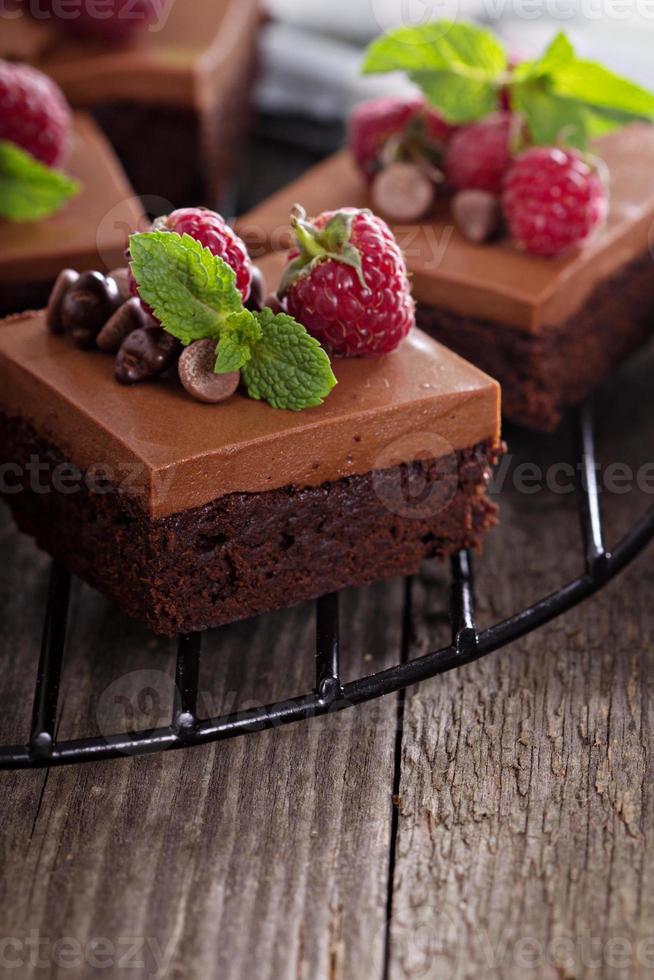 Chocolate mousse brownies with raspberry photo