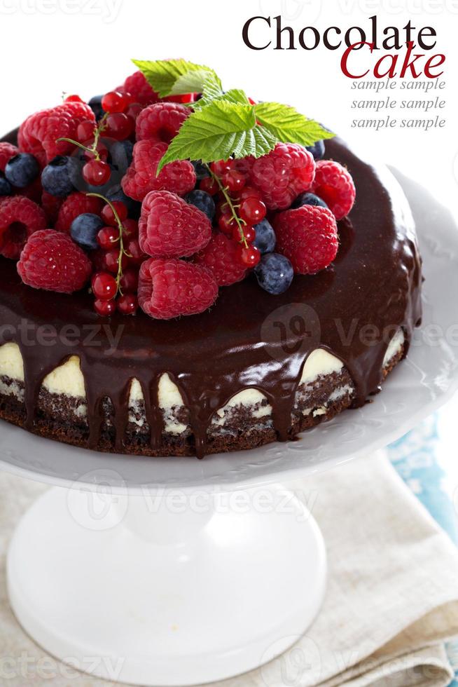 Cheesecake with berries on a brownie layer photo