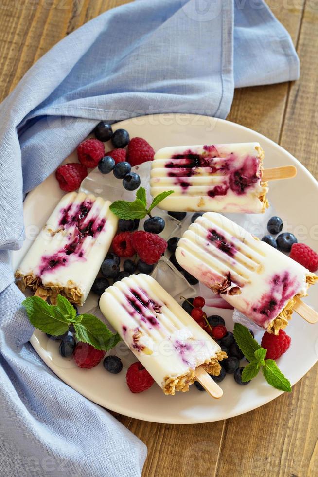 Frozen yogurt popsicles with oats and jam photo