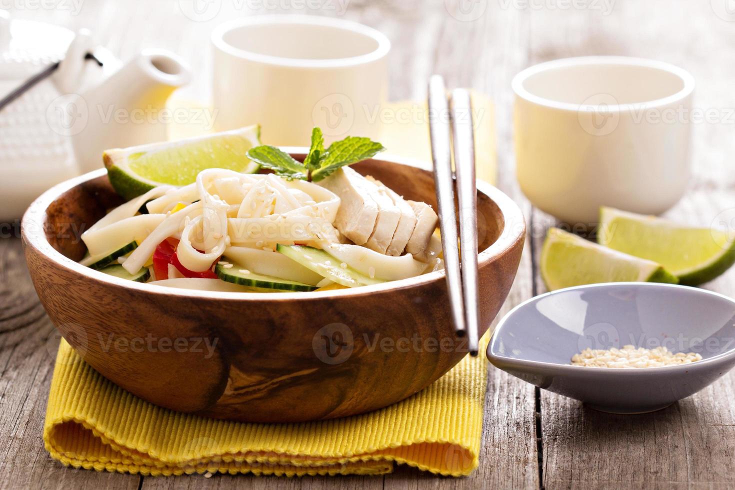 Udon noodles with vegetables and chicken photo