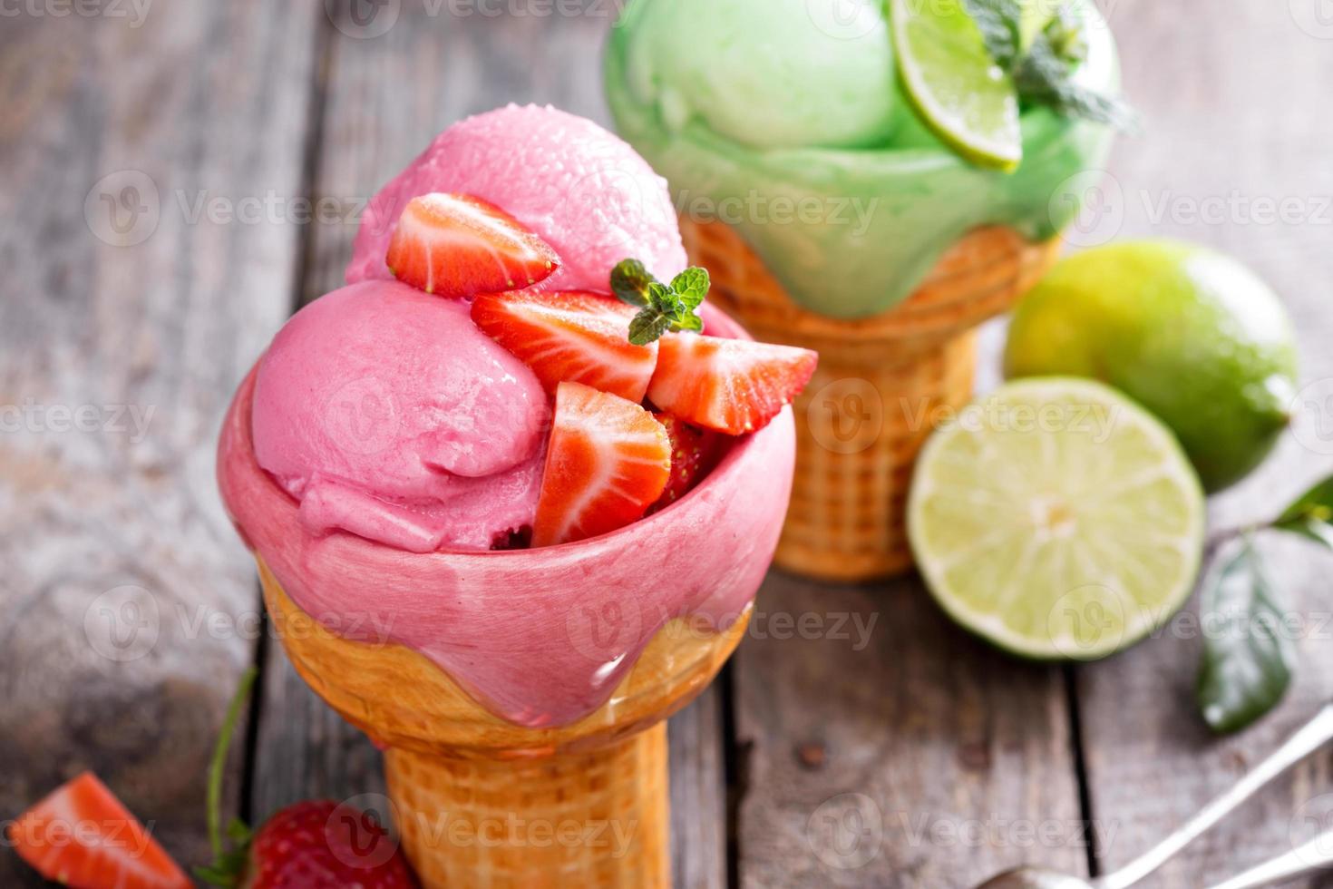 Variety of ice cream in bowls photo