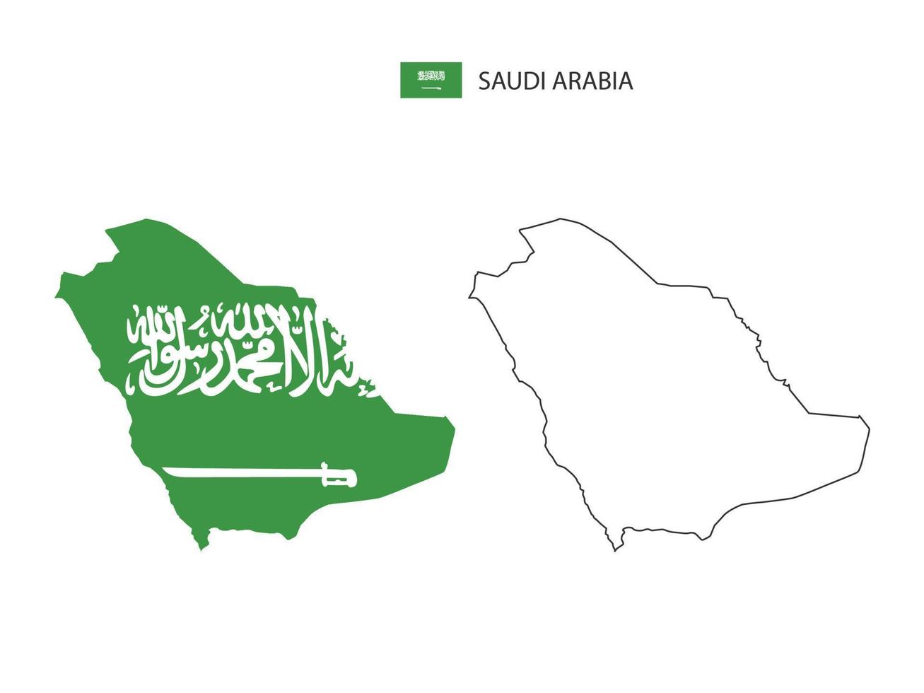 vector de ciudad de mapa de arabia saudita dividido por estilo de simplicidad de contorno. tiene 2 versiones, versión de línea delgada negra y versión de color de bandera de país. ambos mapas estaban en el fondo blanco.