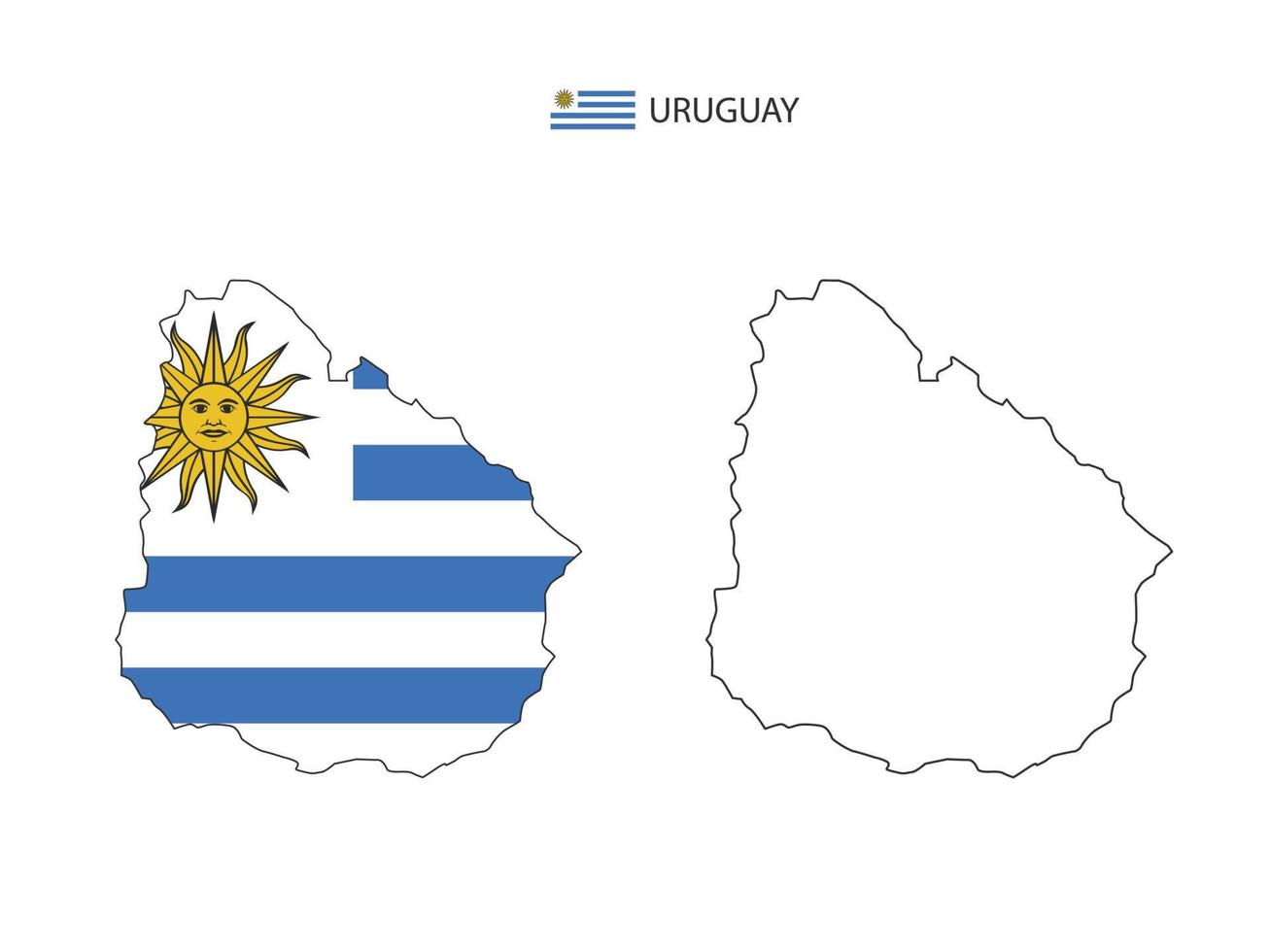 vector de ciudad de mapa de uruguay dividido por estilo de simplicidad de contorno. tiene 2 versiones, versión de línea delgada negra y versión de color de bandera de país. ambos mapas estaban en el fondo blanco.