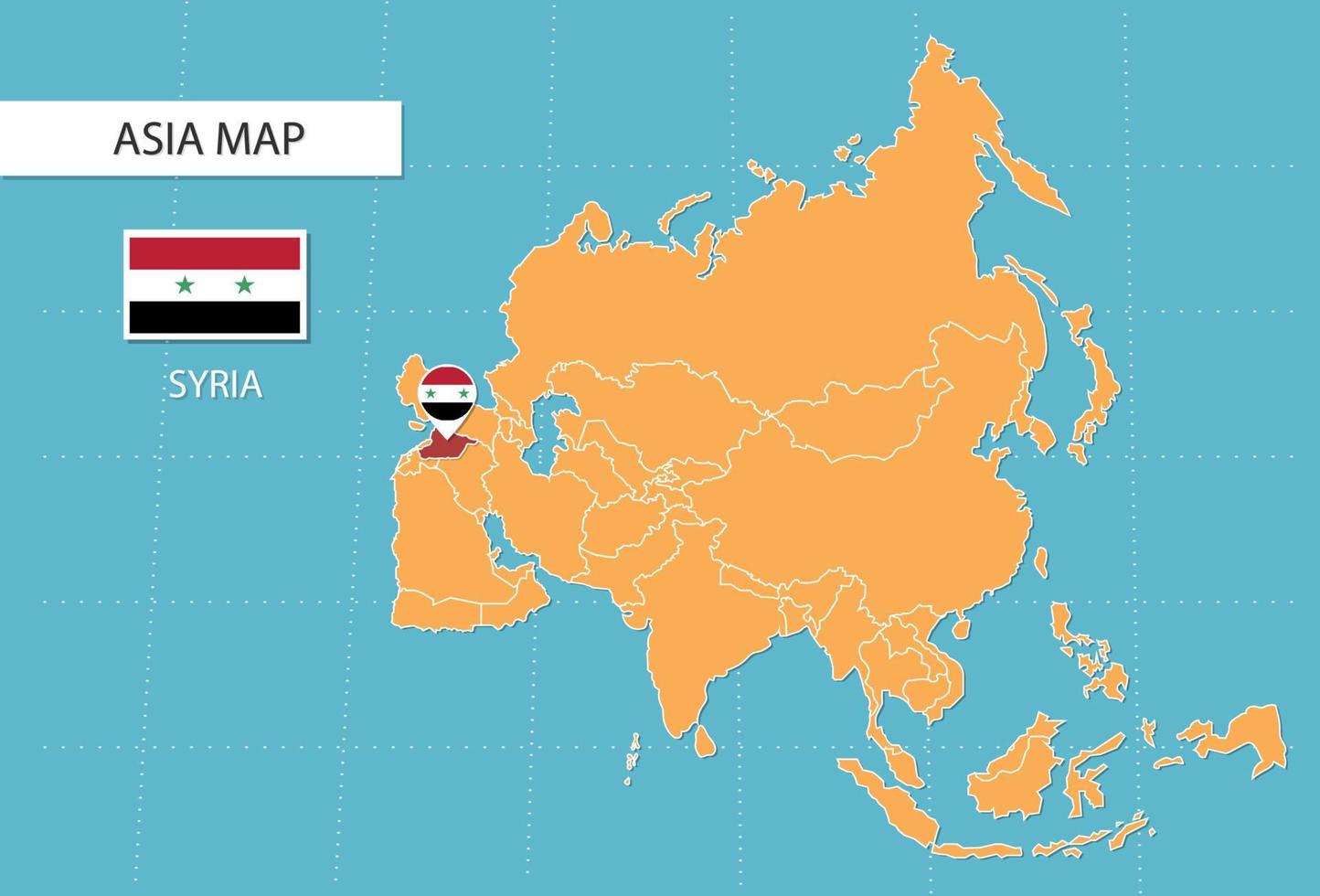 Syria map in Asia, icons showing Syria location and flags. vector