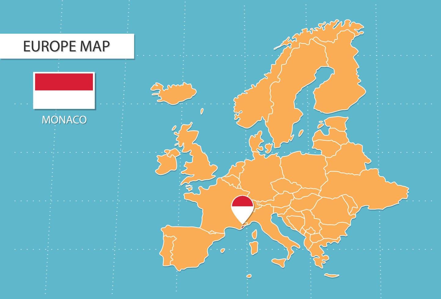Monaco map in Europe, icons showing Monaco location and flags. vector