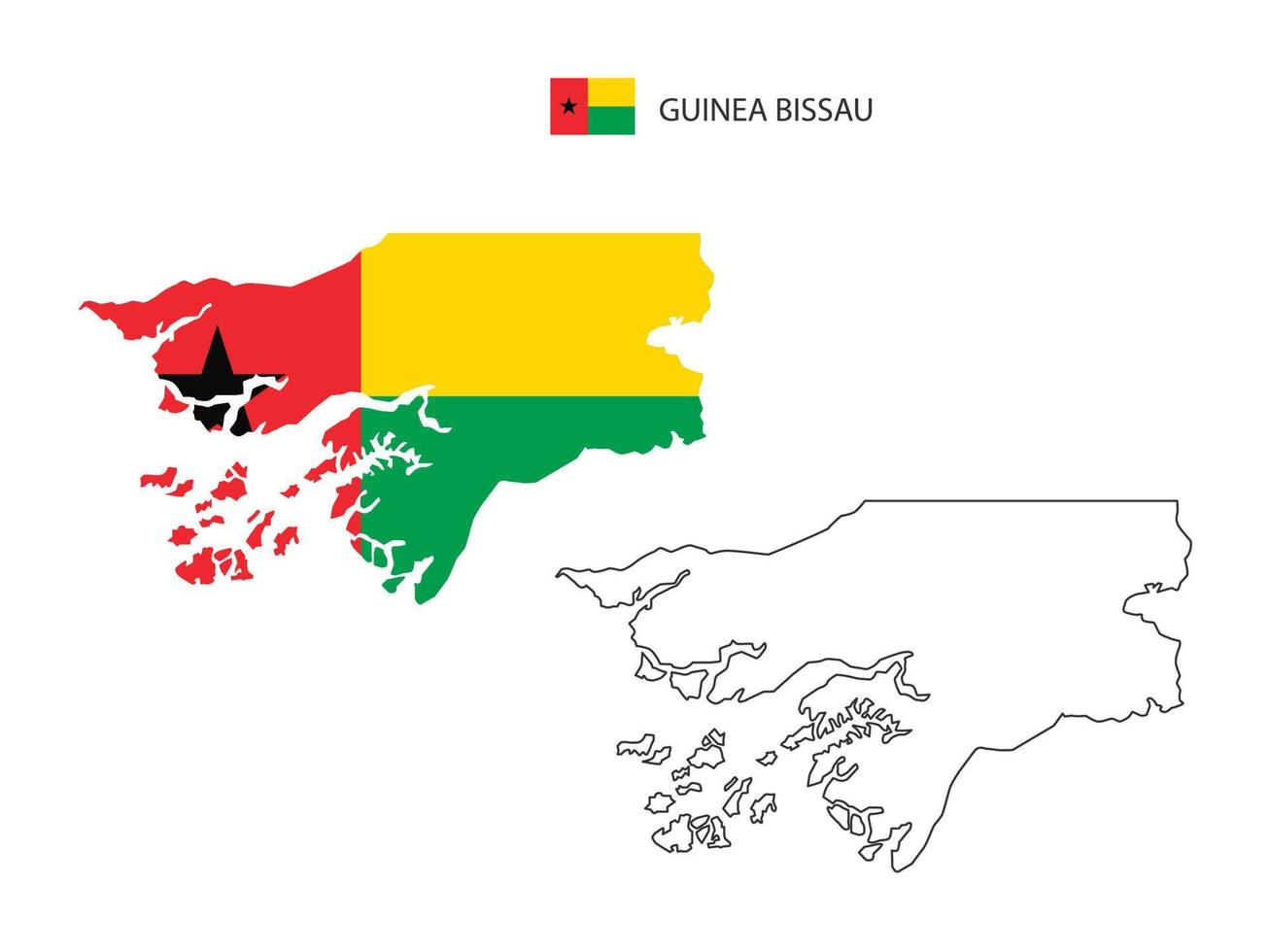 Guinea-Bissau map city vector divided by outline simplicity style. Have 2 versions, black thin line version and color of country flag version. Both map were on the white background.