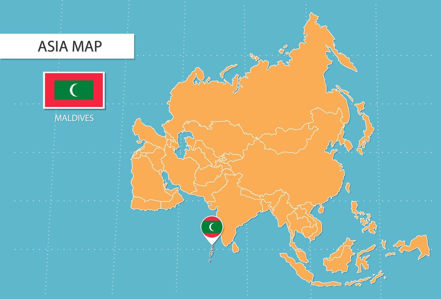 Maldives map in Asia, icons showing Maldives location and flags. vector