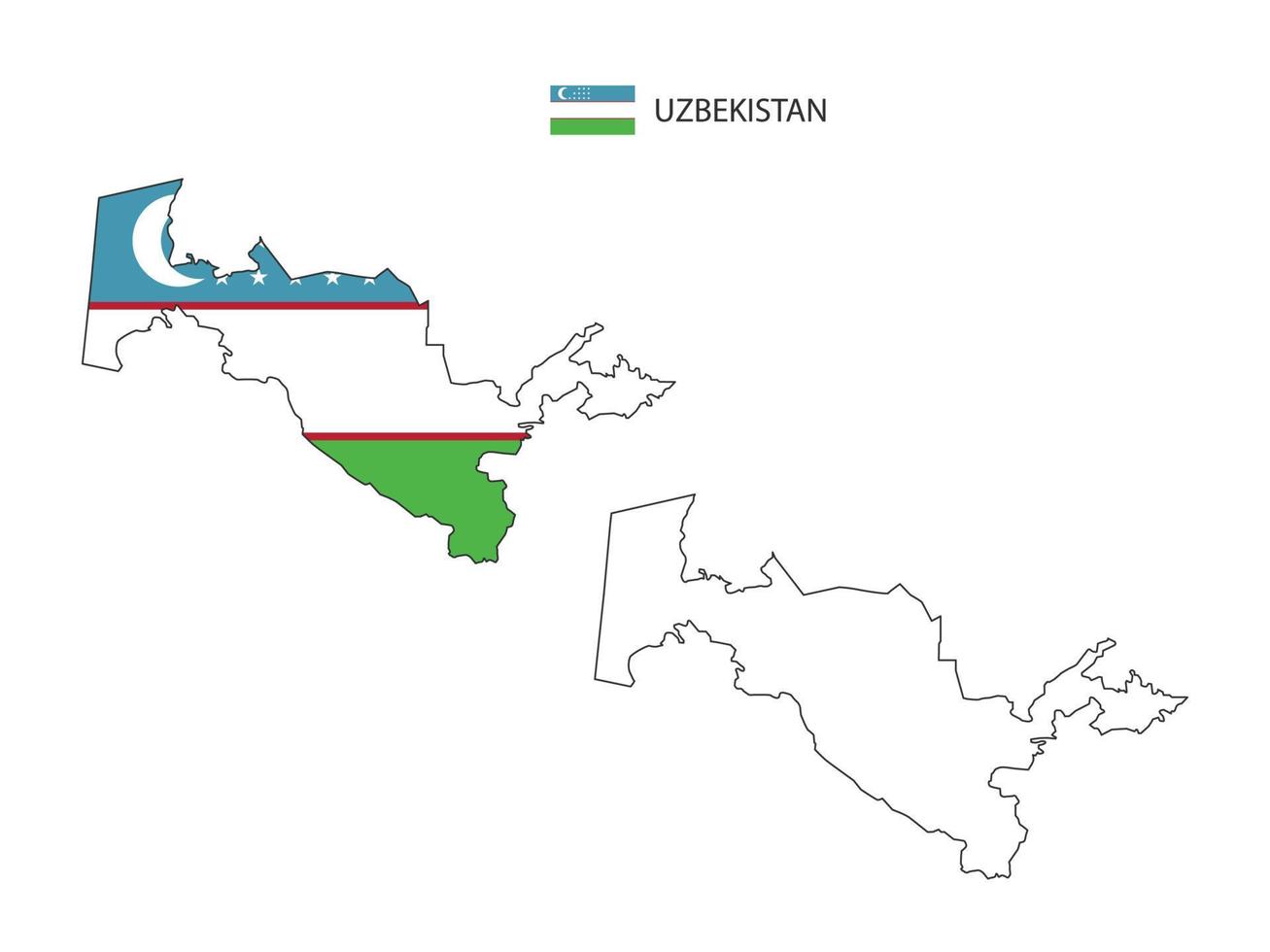 Uzbekistan map city vector divided by outline simplicity style. Have 2 versions, black thin line version and color of country flag version. Both map were on the white background.