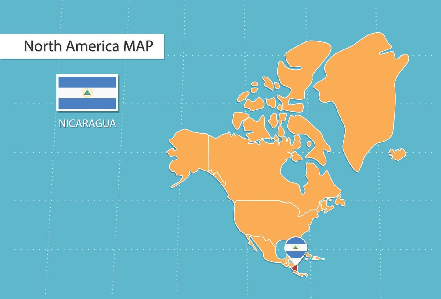 Nicaragua map in America, icons showing Nicaragua location and flags. vector