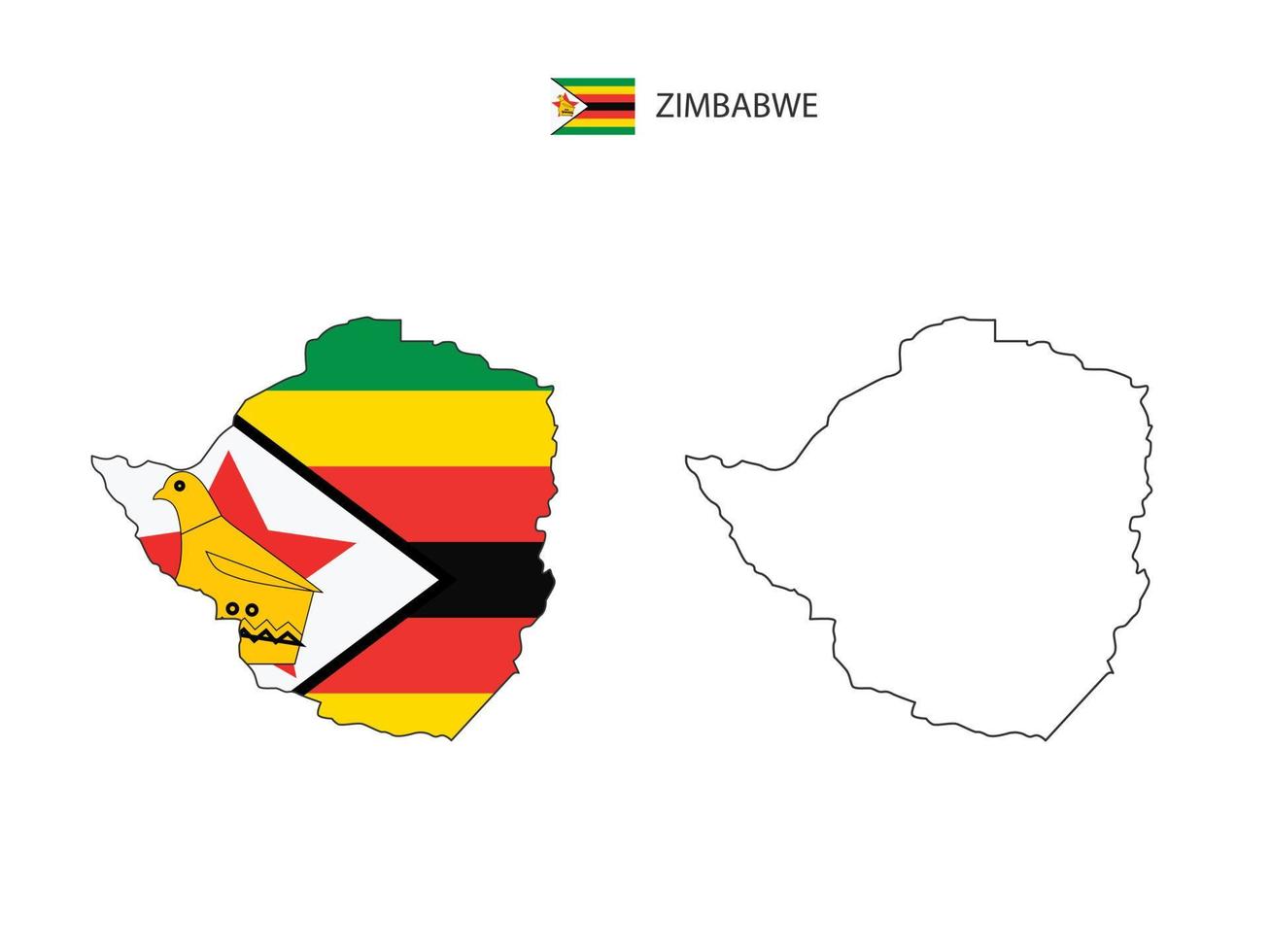 vector de ciudad de mapa de zimbabwe dividido por estilo de simplicidad de contorno. tiene 2 versiones, versión de línea delgada negra y versión de color de bandera de país. ambos mapas estaban en el fondo blanco.
