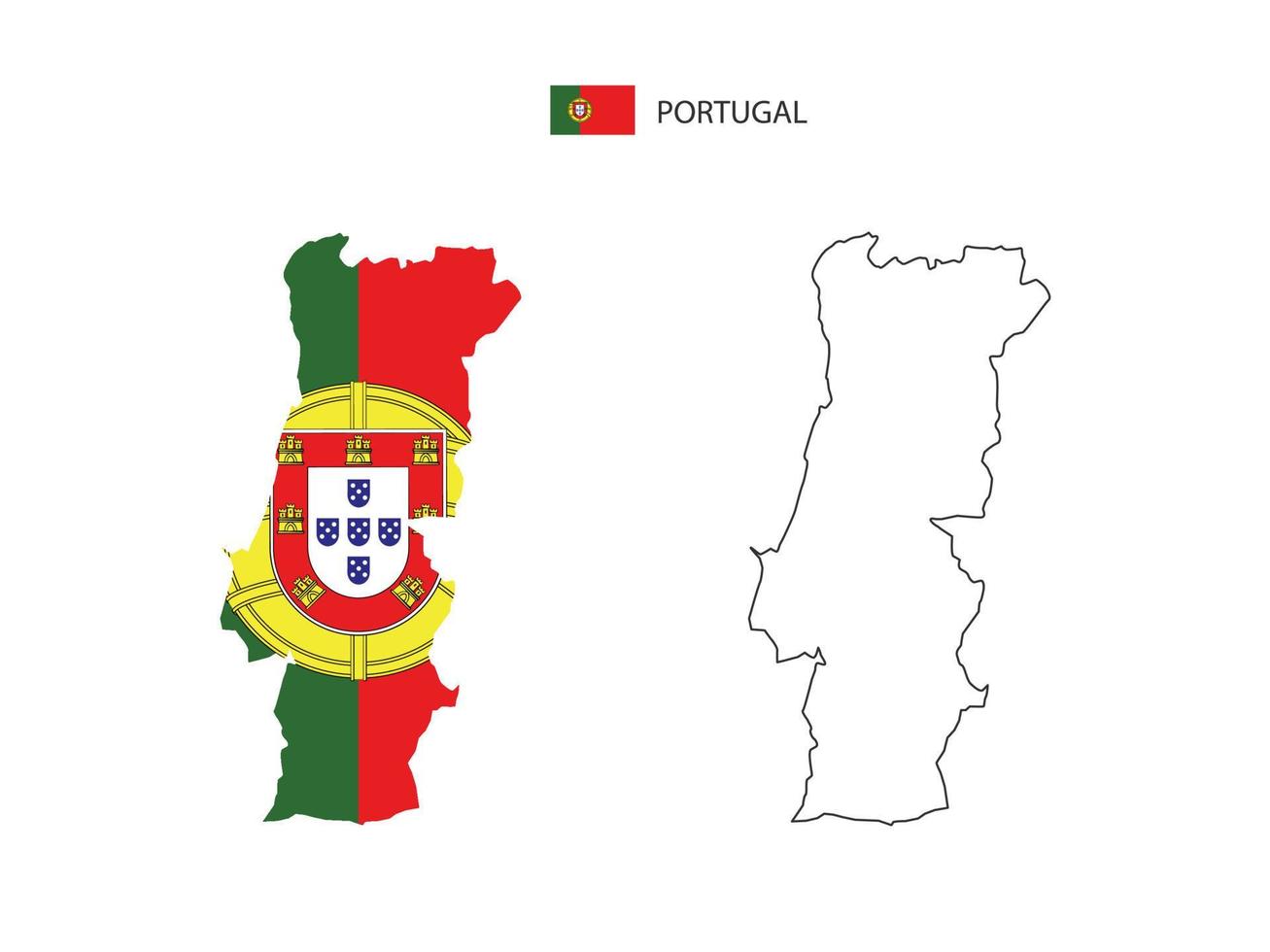 vector de ciudad de mapa de portugal dividido por estilo de simplicidad de contorno. tiene 2 versiones, versión de línea delgada negra y versión de color de bandera de país. ambos mapas estaban en el fondo blanco.