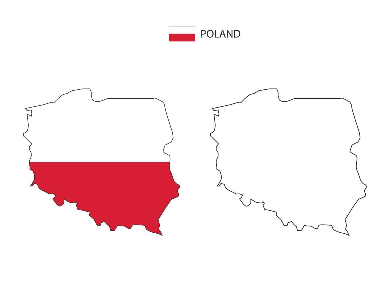 vector de ciudad de mapa de polonia dividido por estilo de simplicidad de contorno. tiene 2 versiones, versión de línea delgada negra y versión de color de bandera de país. ambos mapas estaban en el fondo blanco.