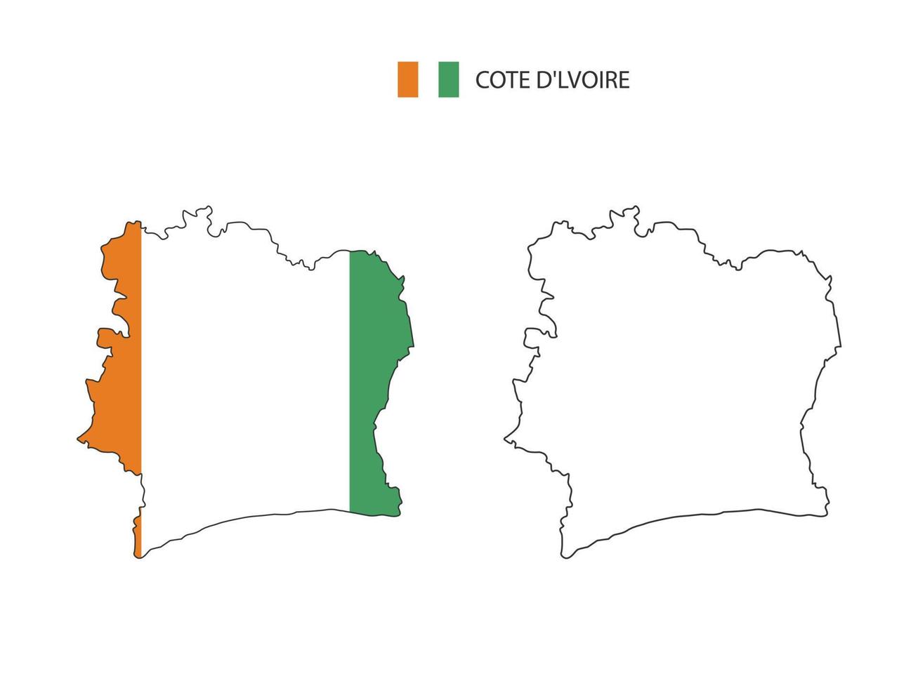 Cote d Ivoire map city vector divided by outline simplicity style. Have 2 versions, black thin line version and color of country flag version. Both map were on the white background.