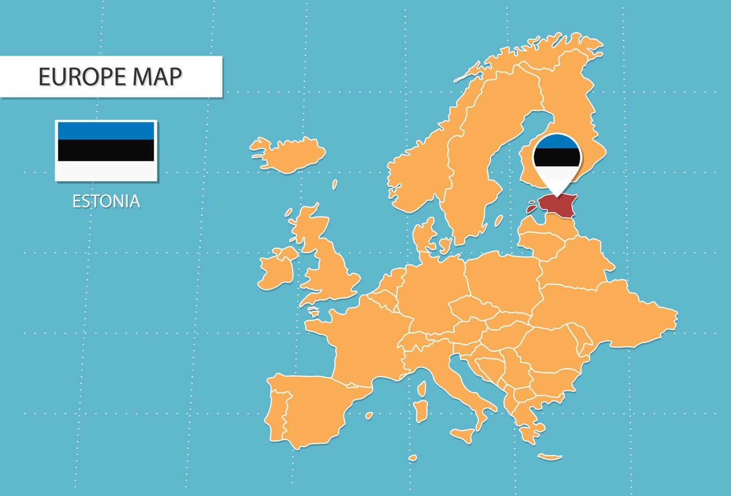 Estonia map in Europe, icons showing Estonia location and flags. vector