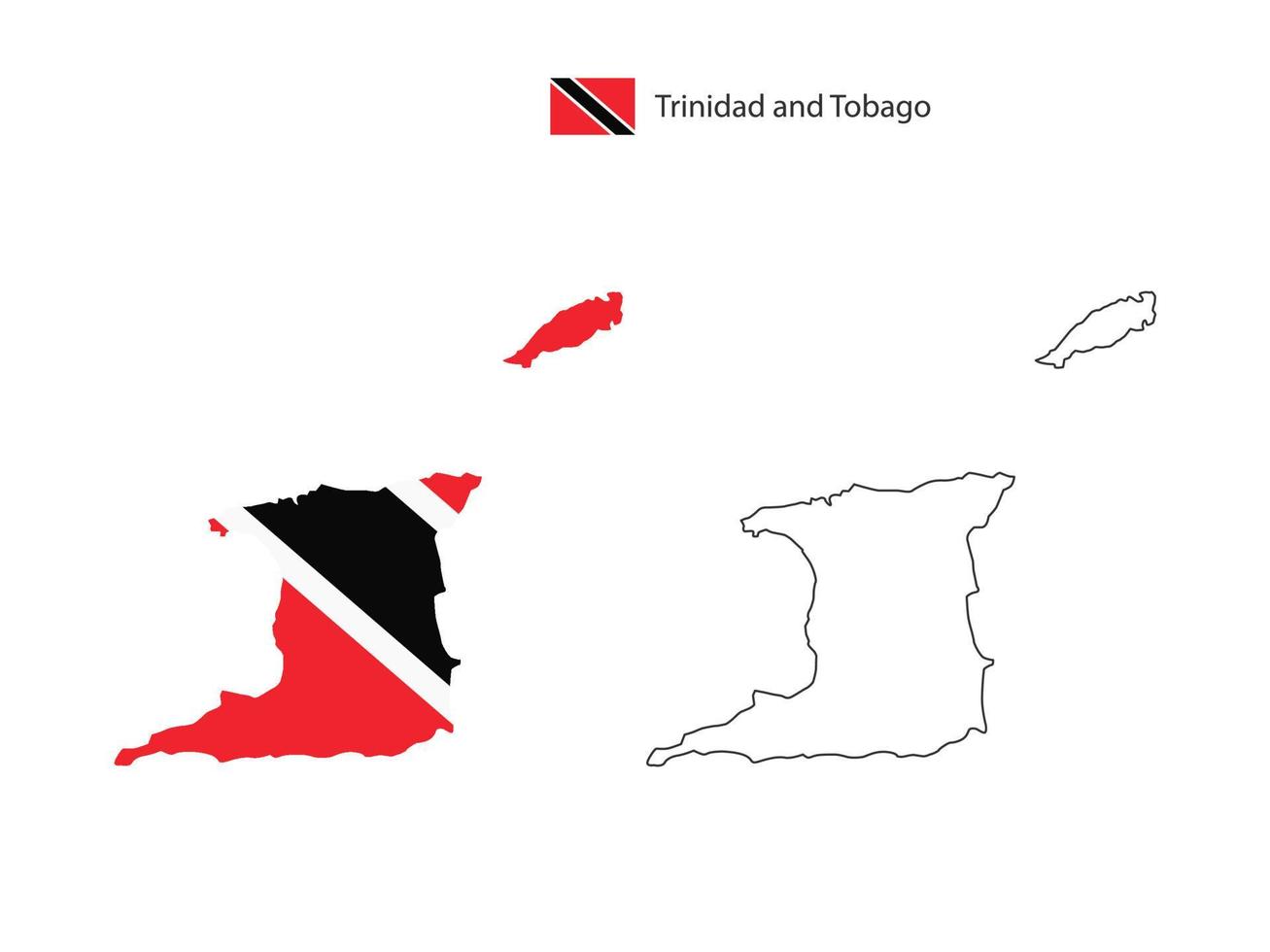 vector de ciudad de mapa de trinidad y tobago dividido por estilo de simplicidad de contorno. tiene 2 versiones, versión de línea delgada negra y versión de color de bandera de país. ambos mapas estaban en el fondo blanco.