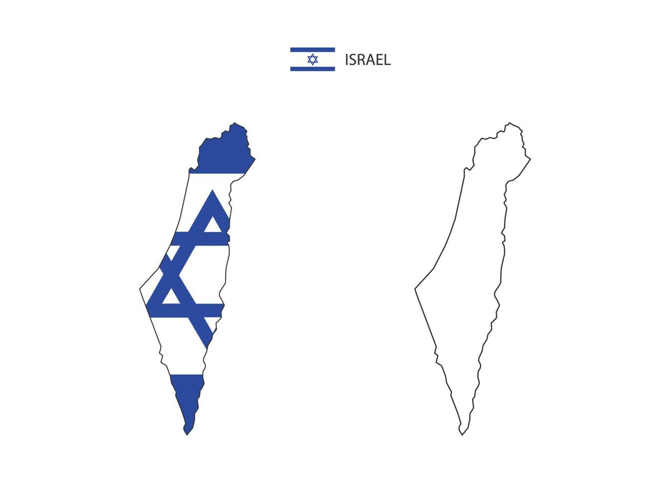 Israel map city vector divided by outline simplicity style. Have 2 versions, black thin line version and color of country flag version. Both map were on the white background.