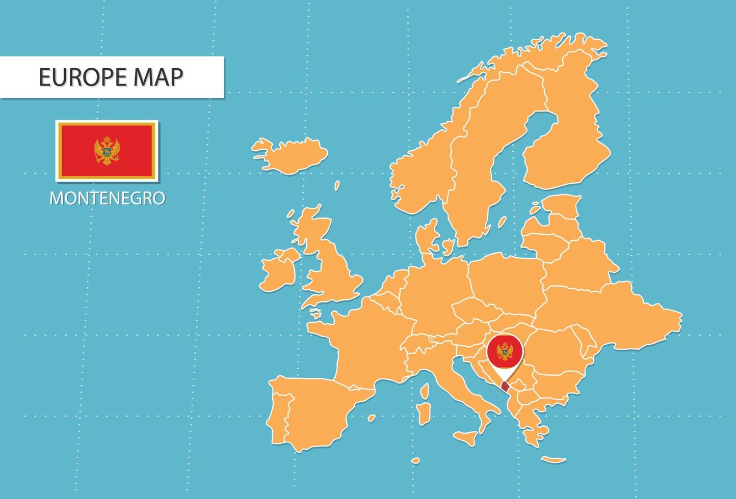 Montenegro map in Europe, icons showing Montenegro location and flags. vector