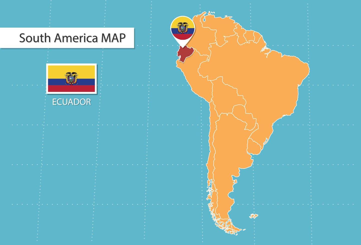 mapa de ecuador en américa, íconos que muestran la ubicación y banderas de ecuador. vector