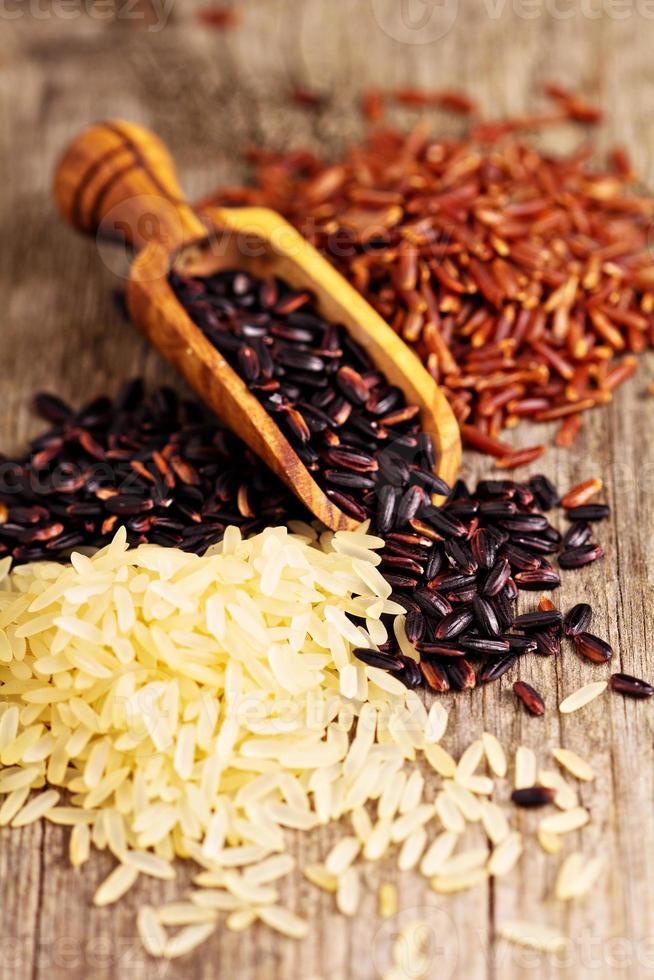 Variety of rice on a wooden background photo
