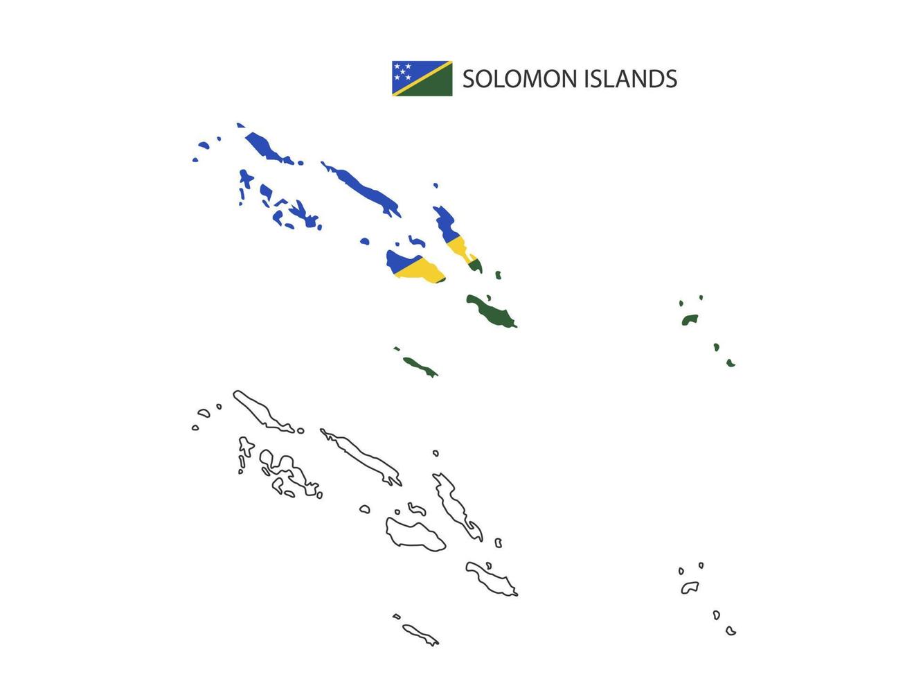 Solomon Islands map city vector divided by outline simplicity style. Have 2 versions, black thin line version and color of country flag version. Both map were on the white background.