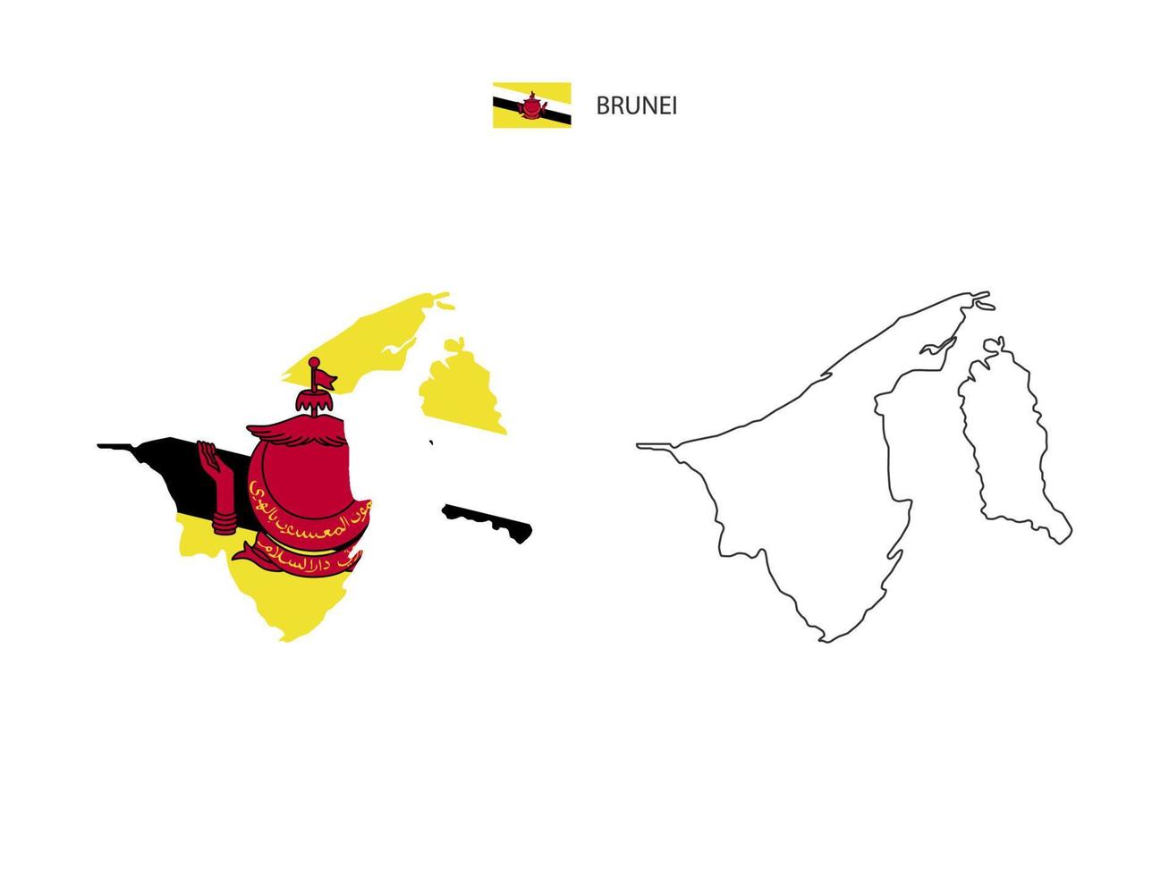 Brunei map city vector divided by outline simplicity style. Have 2 versions, black thin line version and color of country flag version. Both map were on the white background.