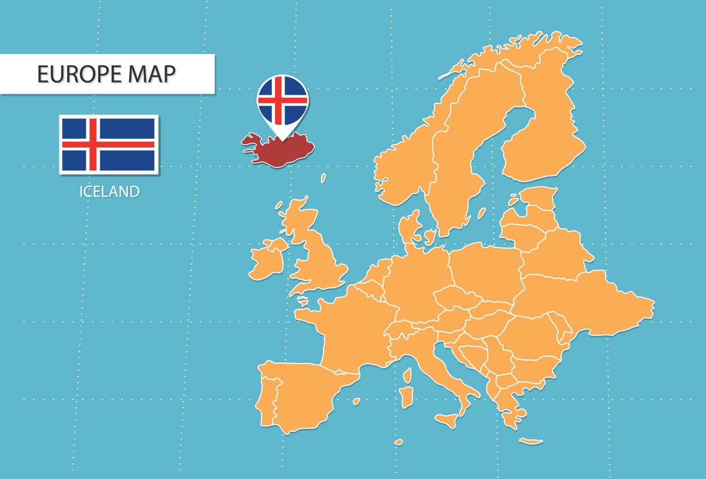 mapa de islandia en europa, iconos que muestran la ubicación y las banderas de islandia. vector