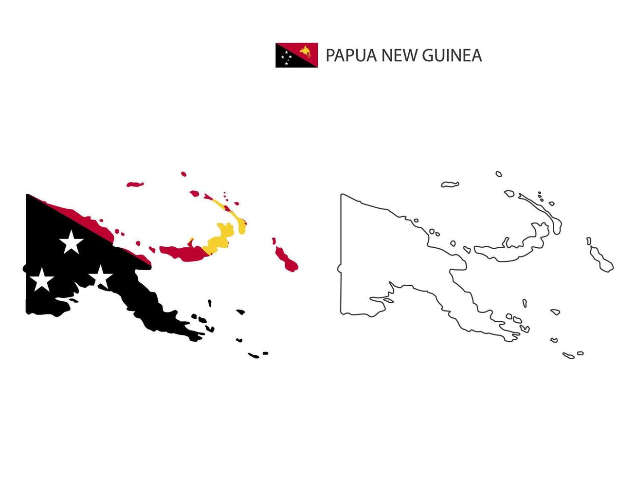 vector de ciudad de mapa de papúa nueva guinea dividido por estilo de simplicidad de contorno. tiene 2 versiones, versión de línea delgada negra y versión de color de bandera de país. ambos mapas estaban en el fondo blanco.