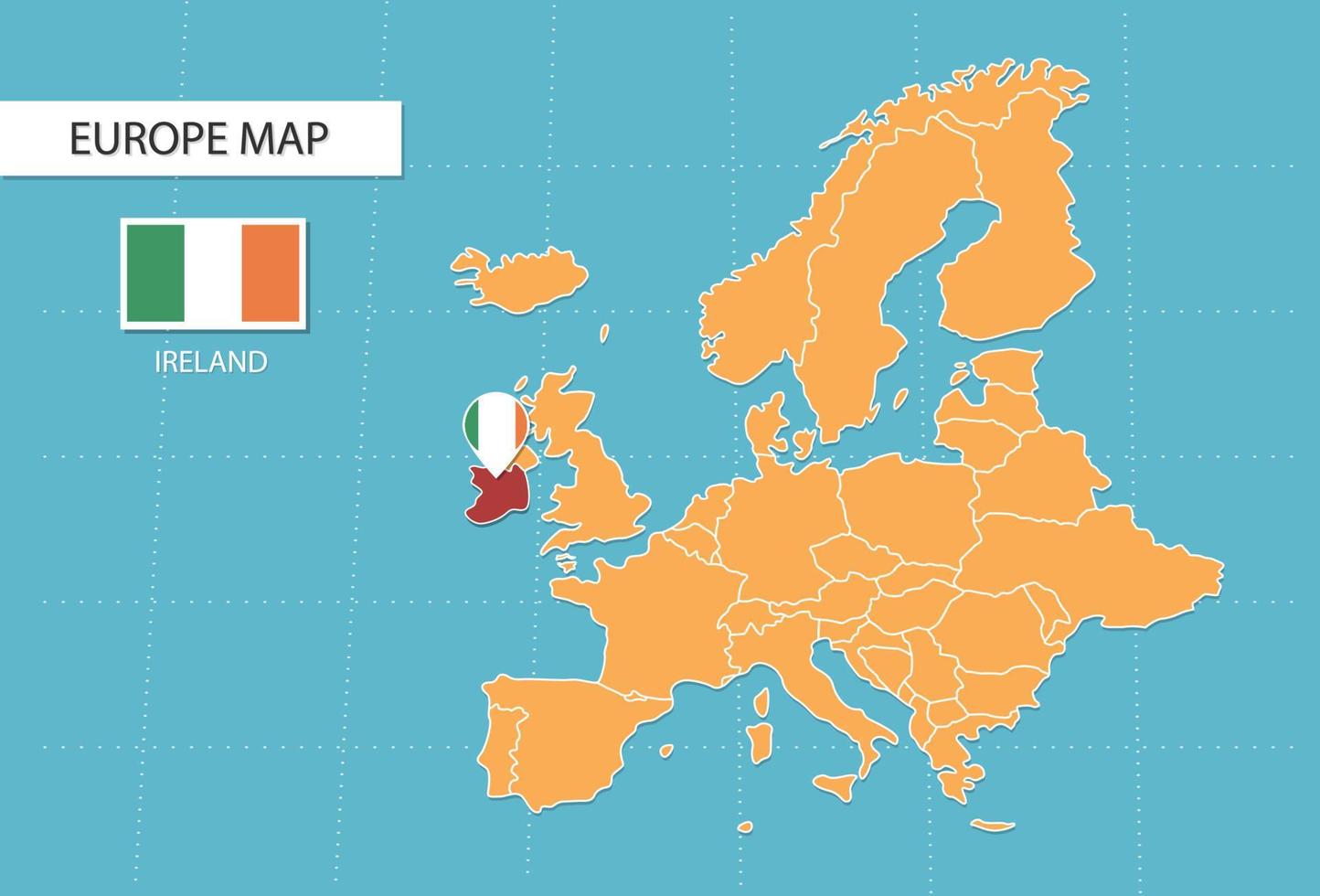 Ireland map in Europe, icons showing Ireland location and flags