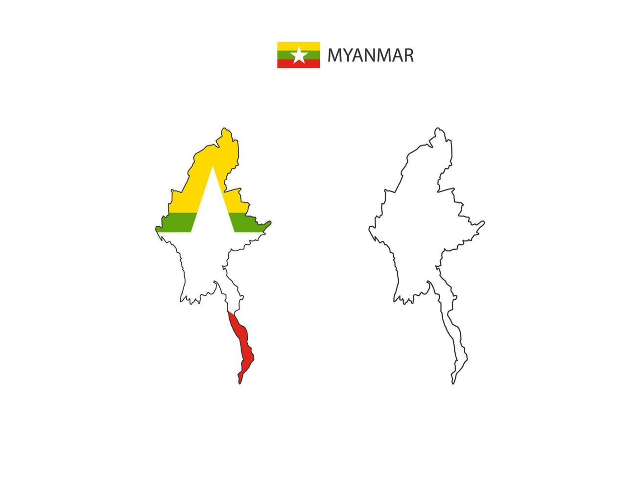 vector de ciudad de mapa de myanmar dividido por estilo de simplicidad de contorno. tiene 2 versiones, versión de línea delgada negra y versión de color de bandera de país. ambos mapas estaban en el fondo blanco.